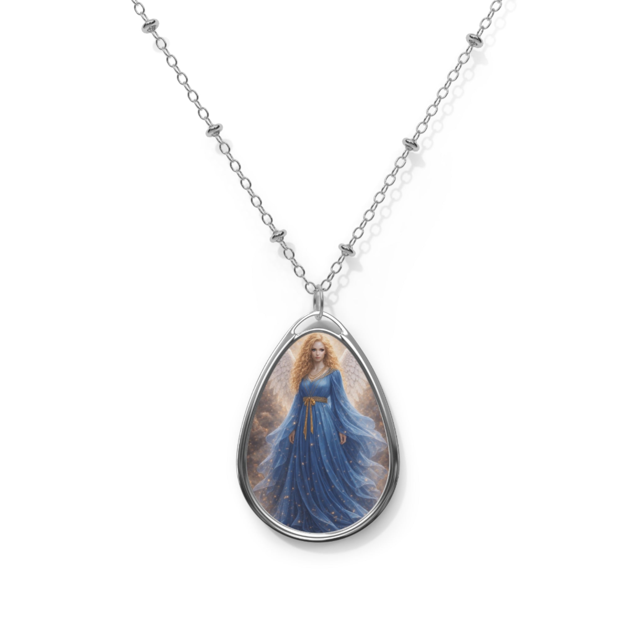 Oval Pendant Necklace — Angel in Blue Teardrop Locket