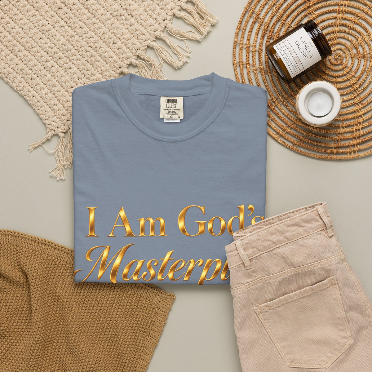 I Am God’s Masterpiece T-Shirt — Gold Script Faith Tee (Psalms 139:14)