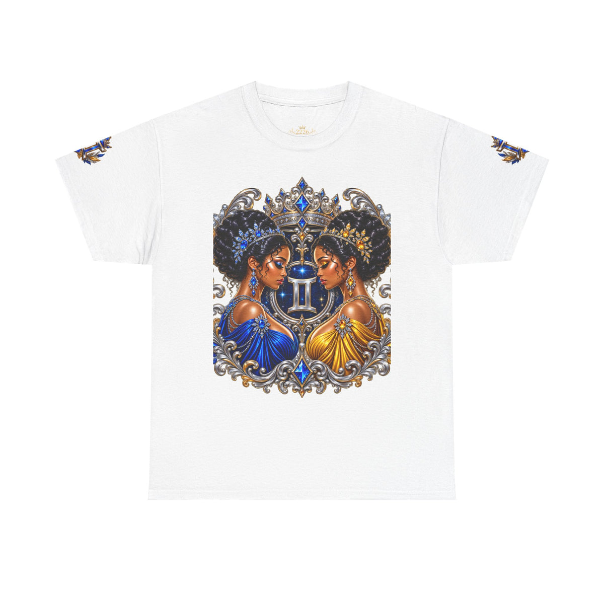Gemini Zodiac Tee — Twin Sisters Astrology T‑Shirt (Blue & Gold)
