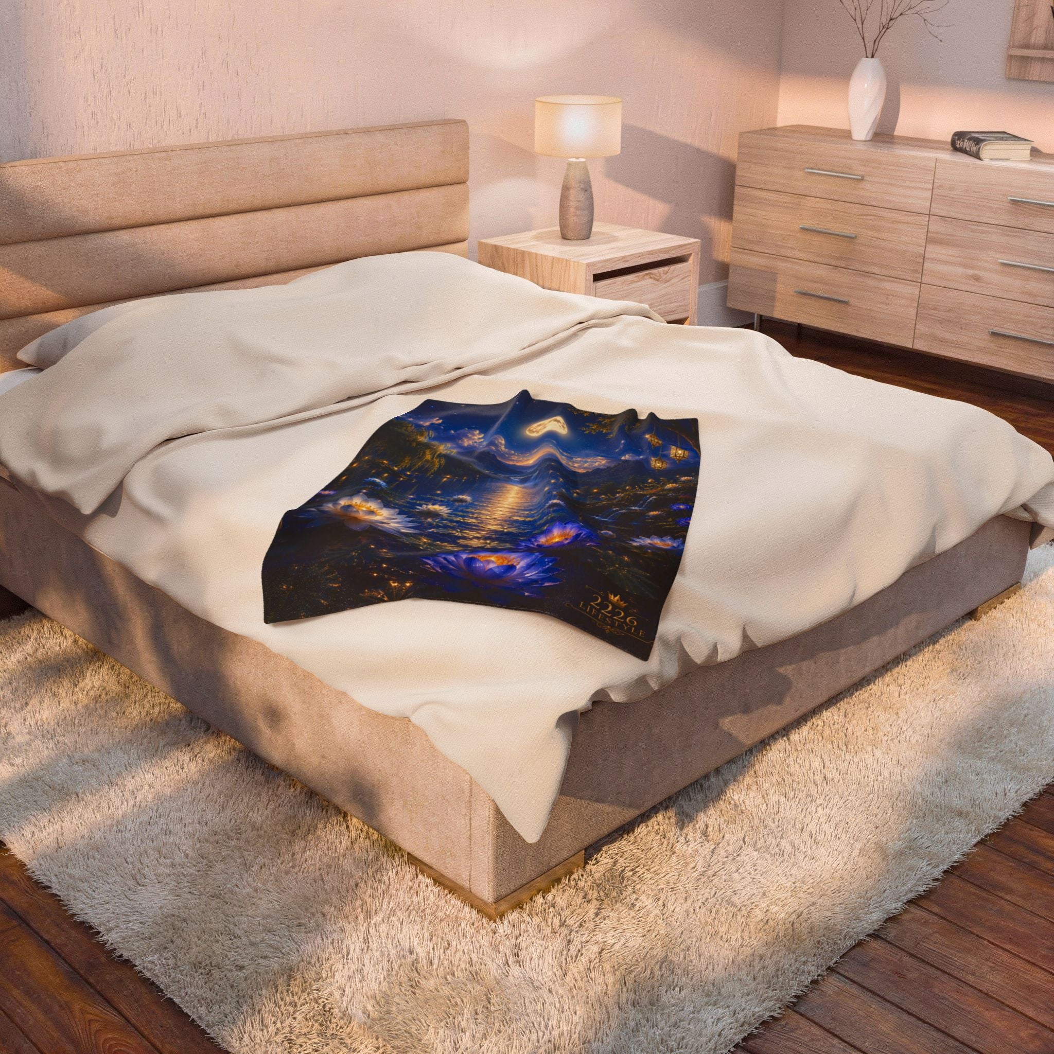Velveteen Plush Blanket — Moonlit Lotus Lake Throw