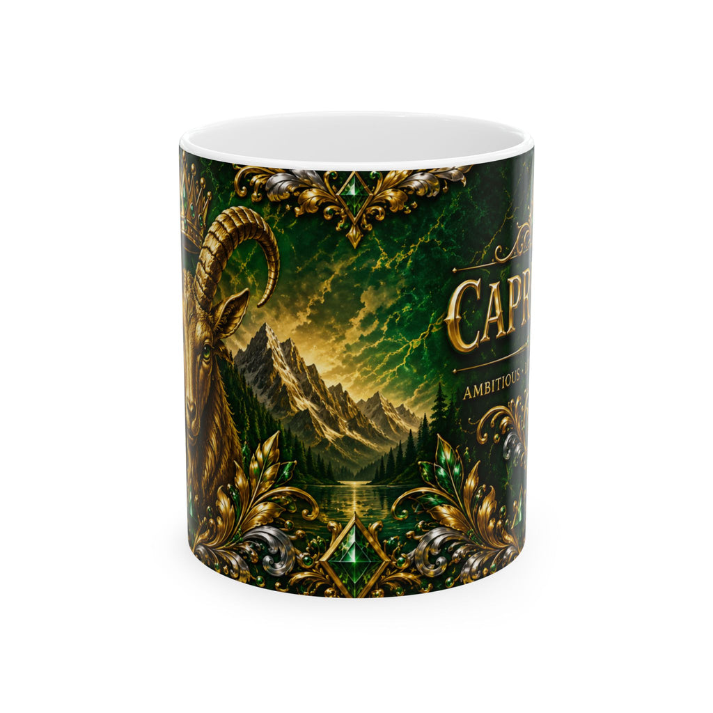 Capricorn Zodiac Ceramic Mug — Green & Gold Astrological Coffee Cup (11oz, 15oz)