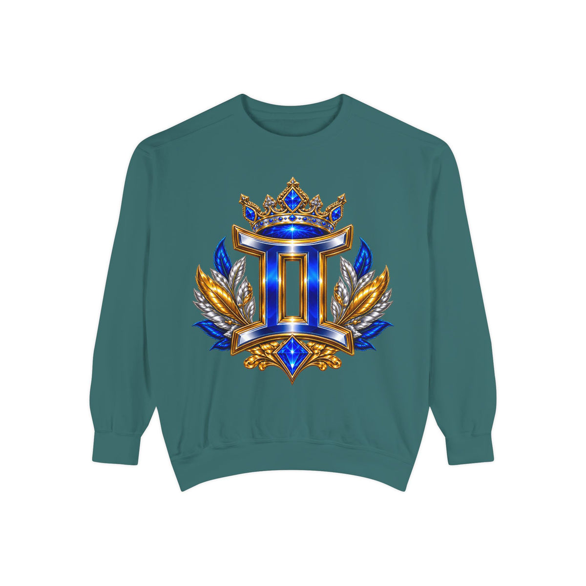 Gemini Zodiac Sweatshirt — Royal Blue & Gold Twin Symbol Crewneck