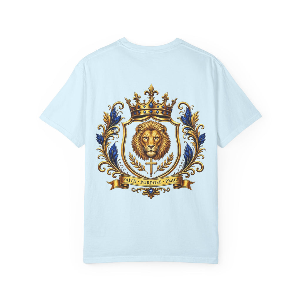 Lion Crest T-Shirt — Regal Crowned Lion with "Faith • Purpose • Peace" Back Graphic