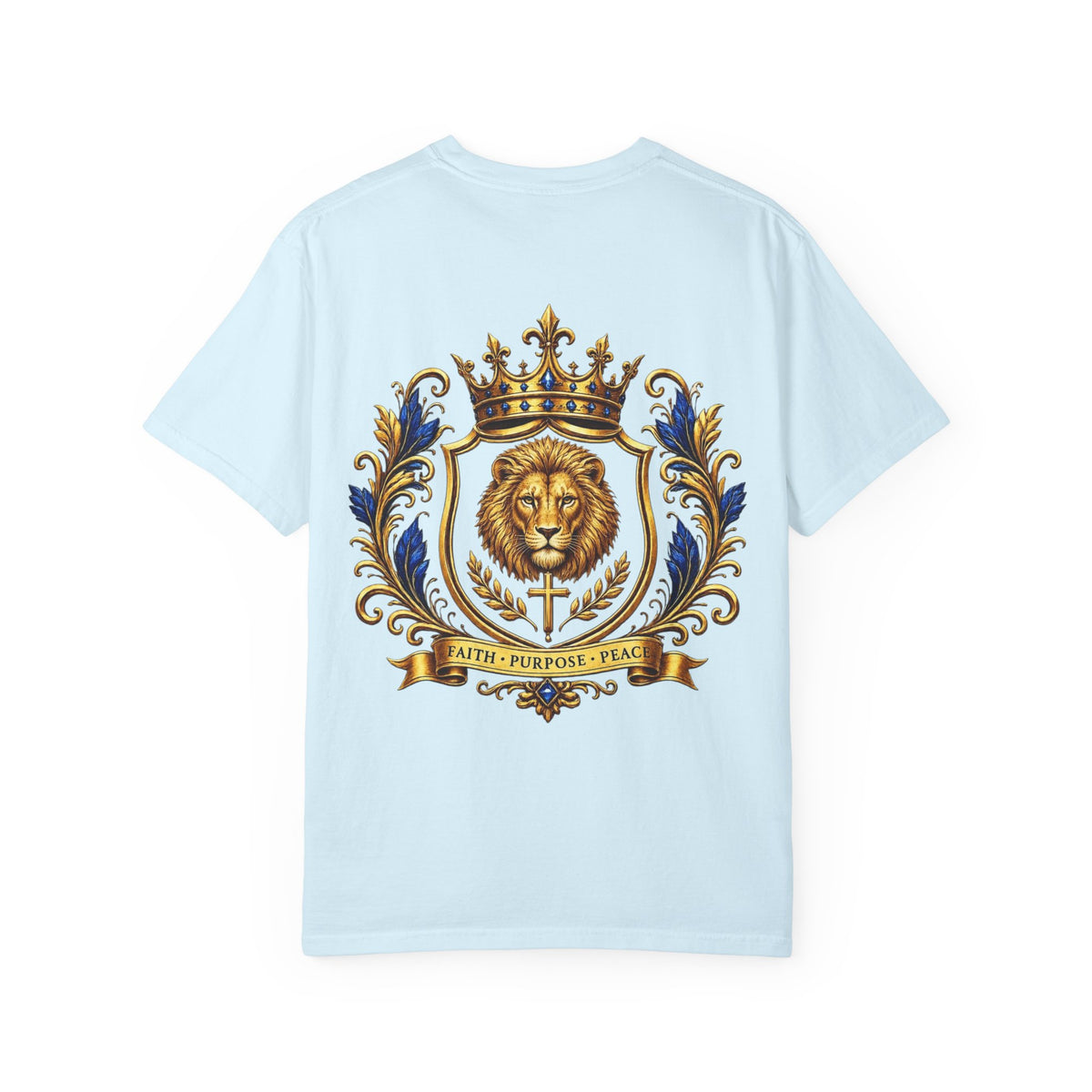 Lion Crest T-Shirt — Regal Crowned Lion with "Faith • Purpose • Peace" Back Graphic