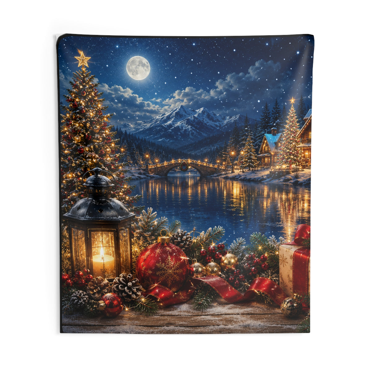 Christmas Village Tapestry – Cozy Winter Night Holiday Wall Decor