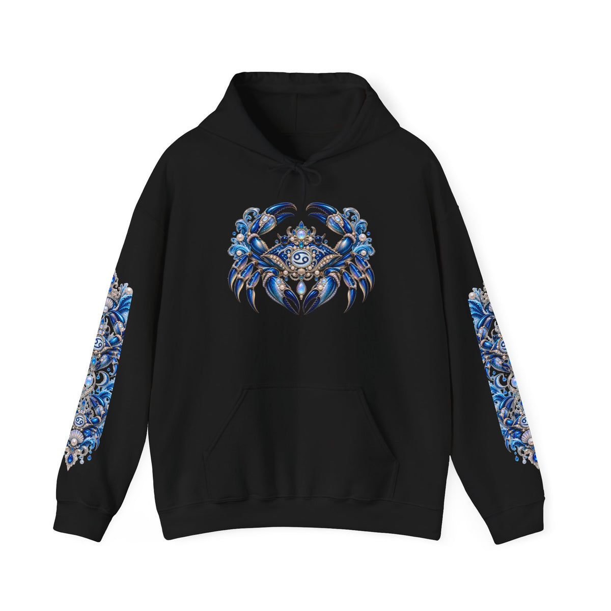 Cancer Zodiac Hoodie — Blue Crab Astrology Sweatshirt with Sleeve Art