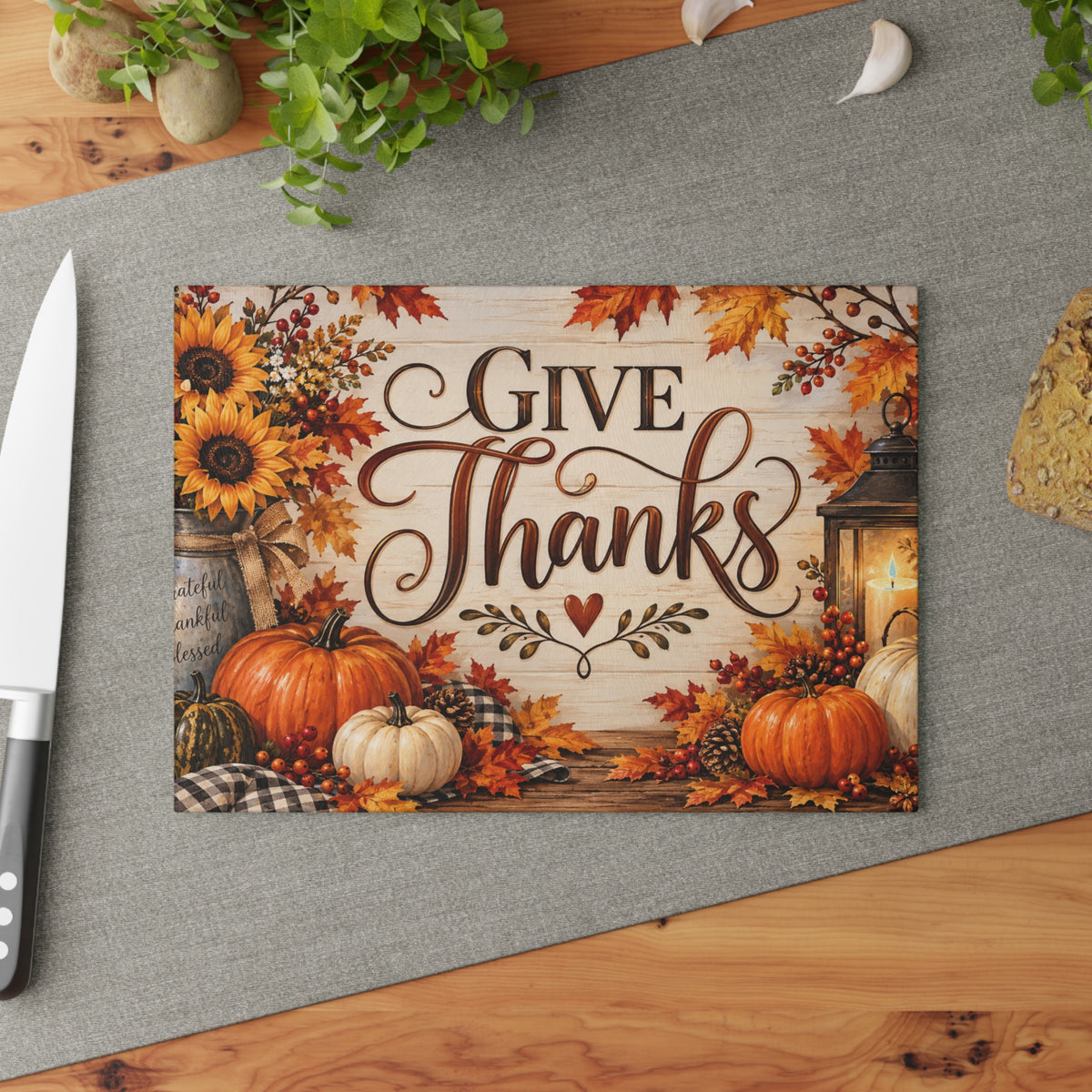 Give Thanks Glass Cutting Board — Autumn Pumpkin & Sunflower Kitchen Decor (Thanksgiving)