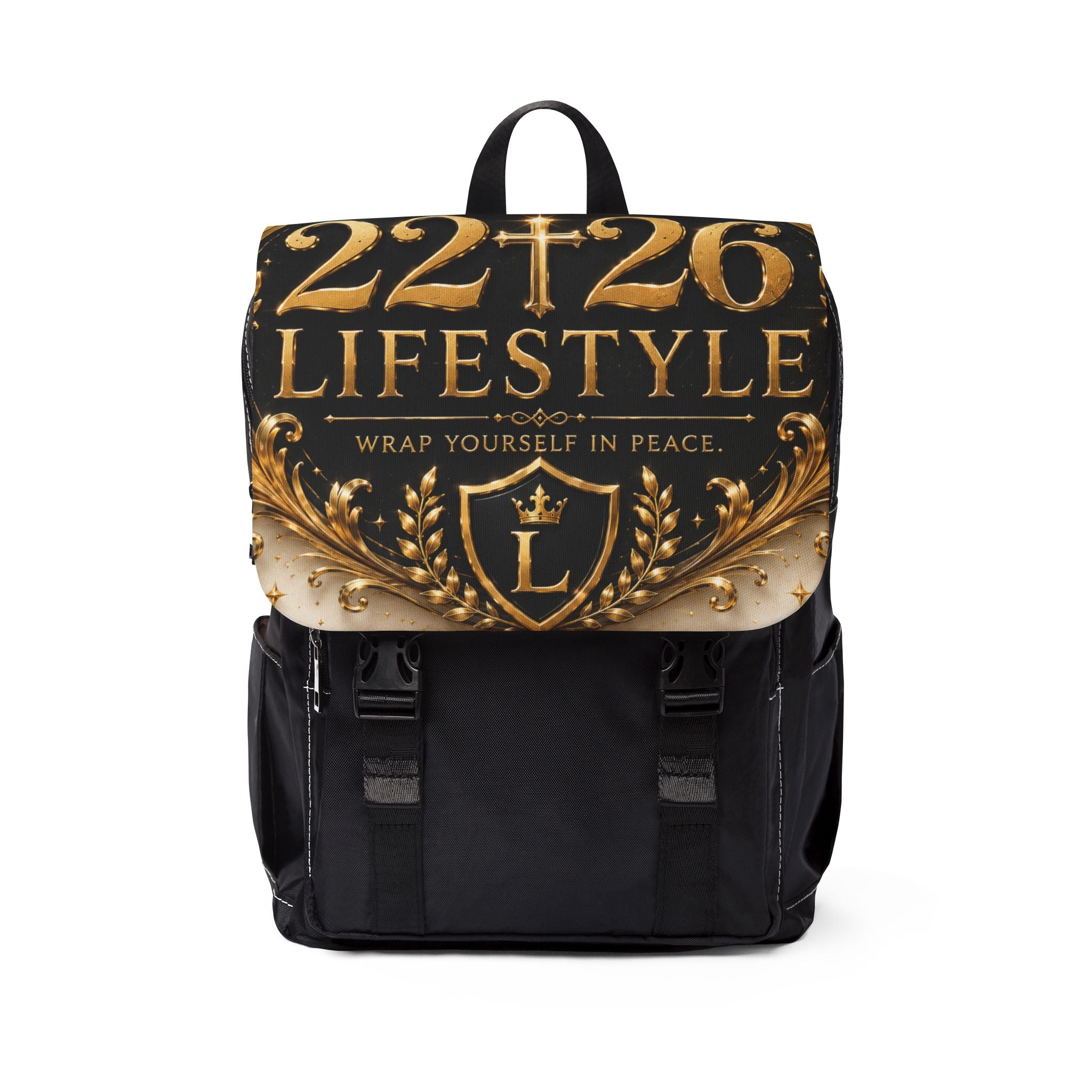 22f26 Lifestyle Gold Crest Backpack — Casual Shoulder Backpack with 'Wrap Yourself in Peace' Design