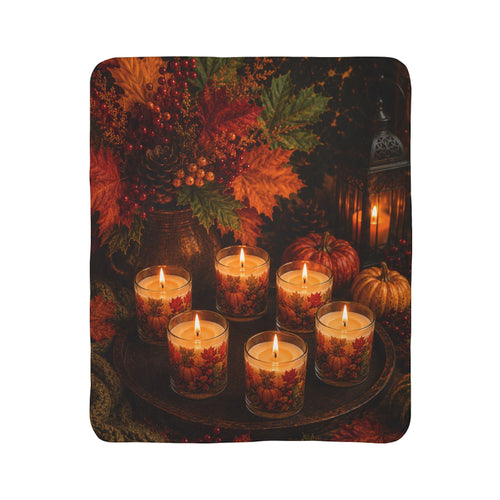 Autumn Candlelight Sherpa Blanket — Cozy Fall Leaves & Pumpkin Throw