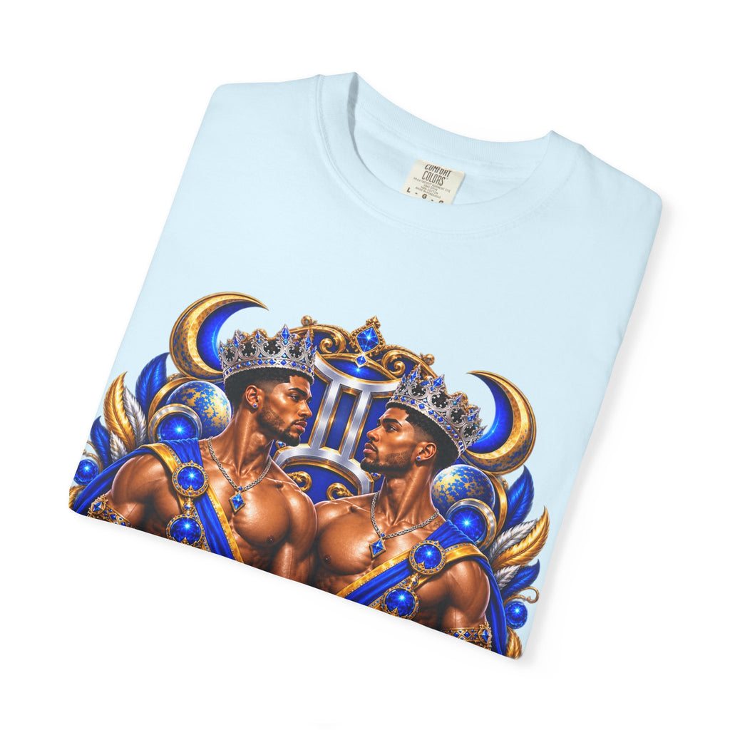 Gemini Zodiac T-Shirt — Bold Blue & Gold Twin Portrait Tee