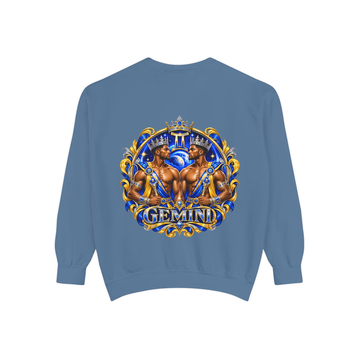 Gemini Zodiac Sweatshirt — Royal Blue & Gold Twin Symbol Crewneck