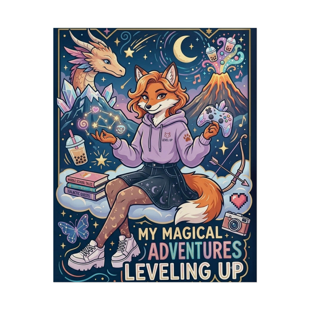 Rolled Poster — "My Magical Adventures: Leveling Up" Cute Fantasy Fox Gaming Art Print