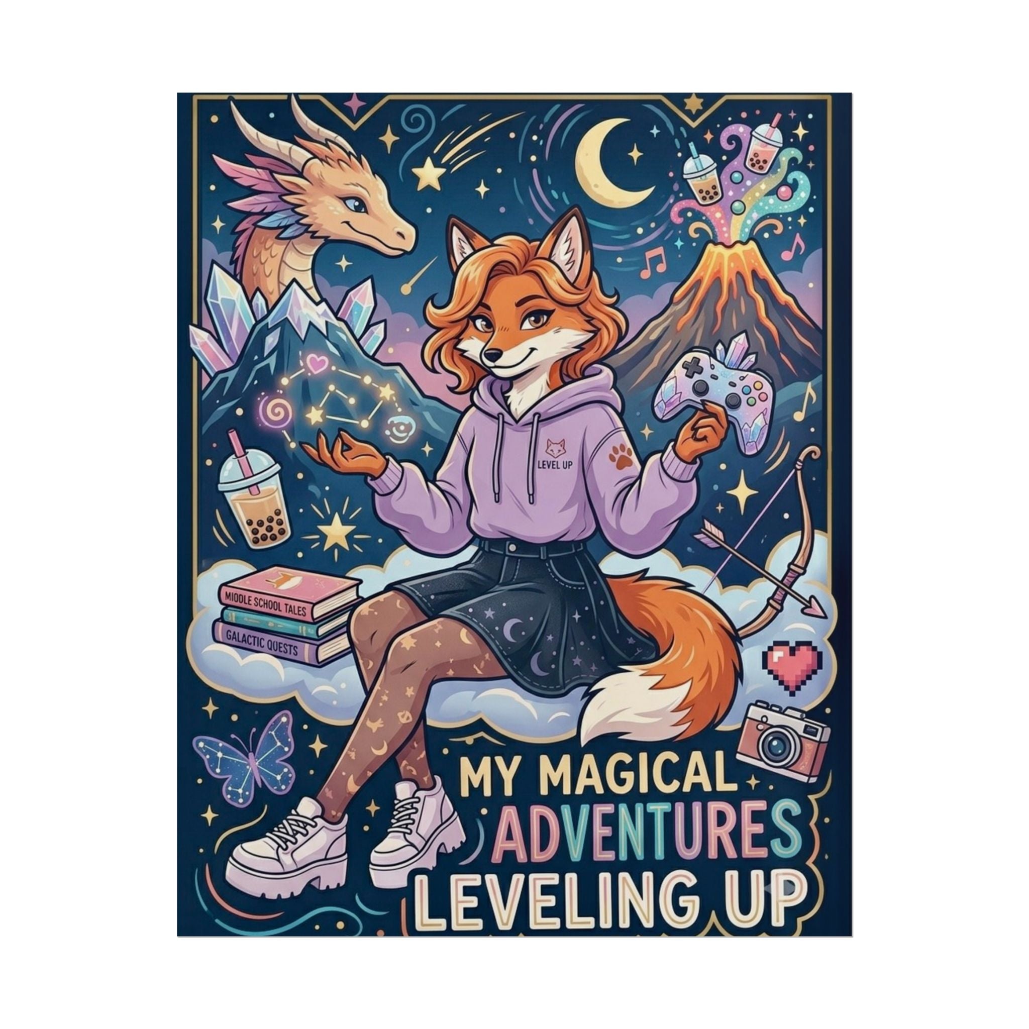 Rolled Poster — "My Magical Adventures: Leveling Up" Cute Fantasy Fox Gaming Art Print