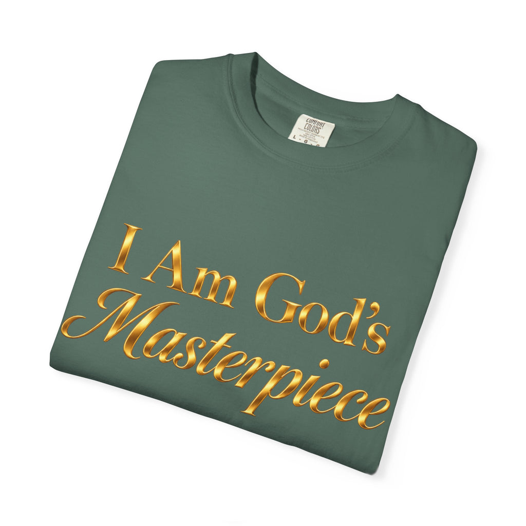 I Am God’s Masterpiece T-Shirt — Gold Script Faith Tee (Psalms 139:14)