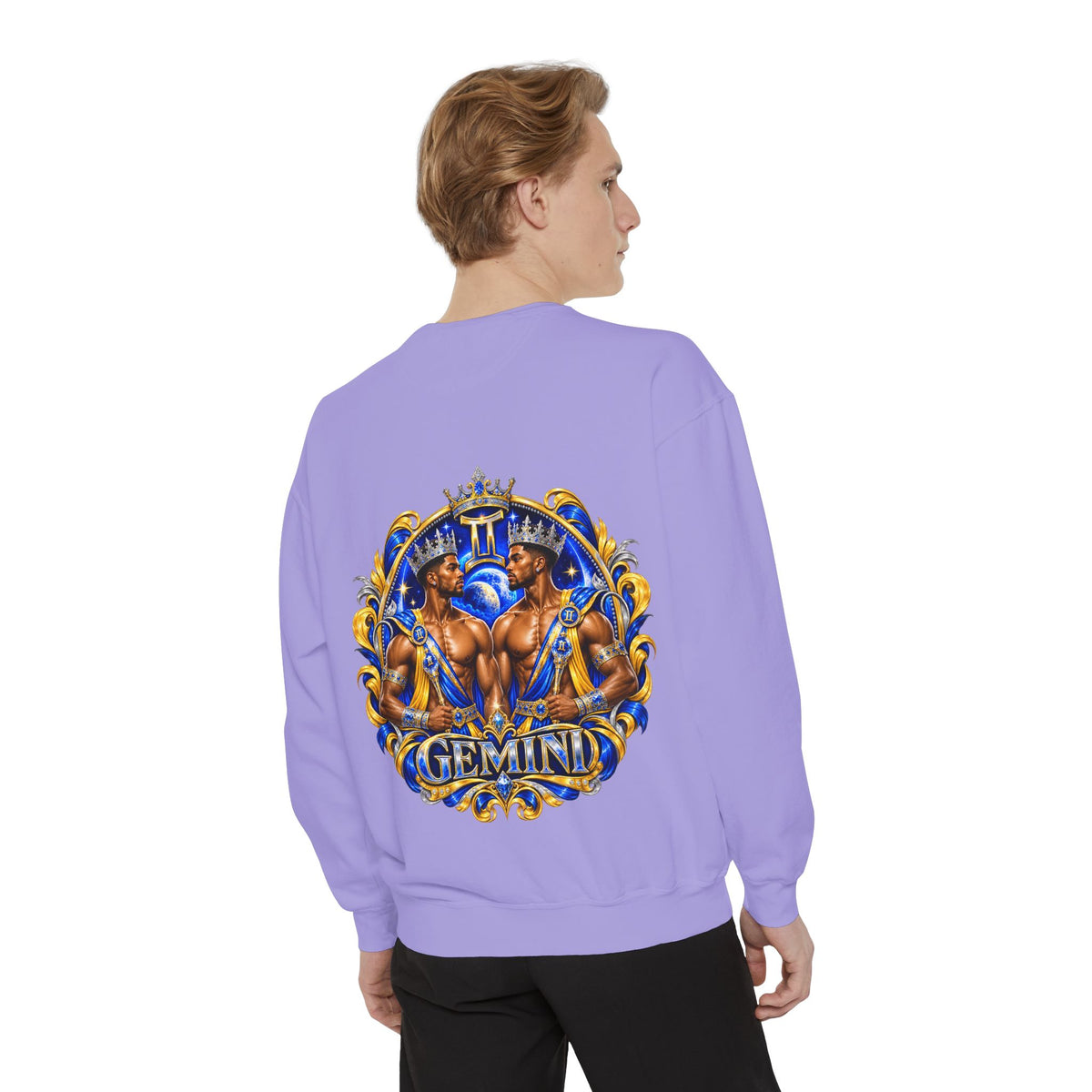 Gemini Zodiac Sweatshirt — Ornate Gold & Blue Gemini Crest