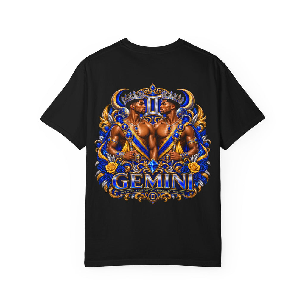 Gemini Zodiac T-Shirt — Bold Blue & Gold Twin Portrait Tee