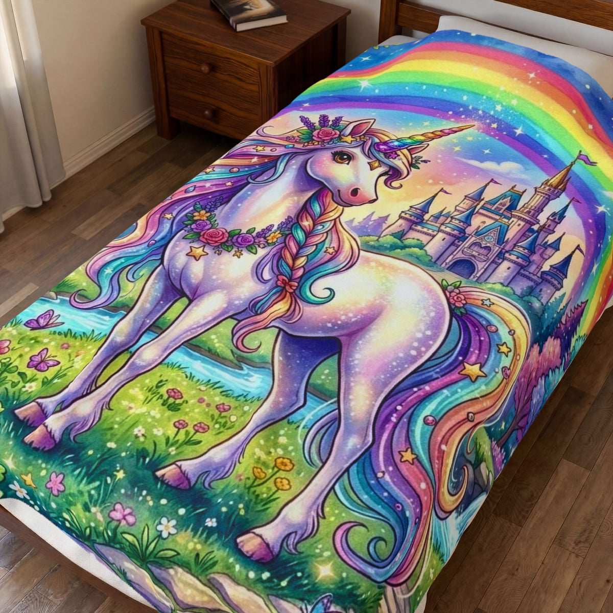 Unicorn Rainbow Velveteen Plush Blanket — Magical Castle Fantasy Throw for Kids