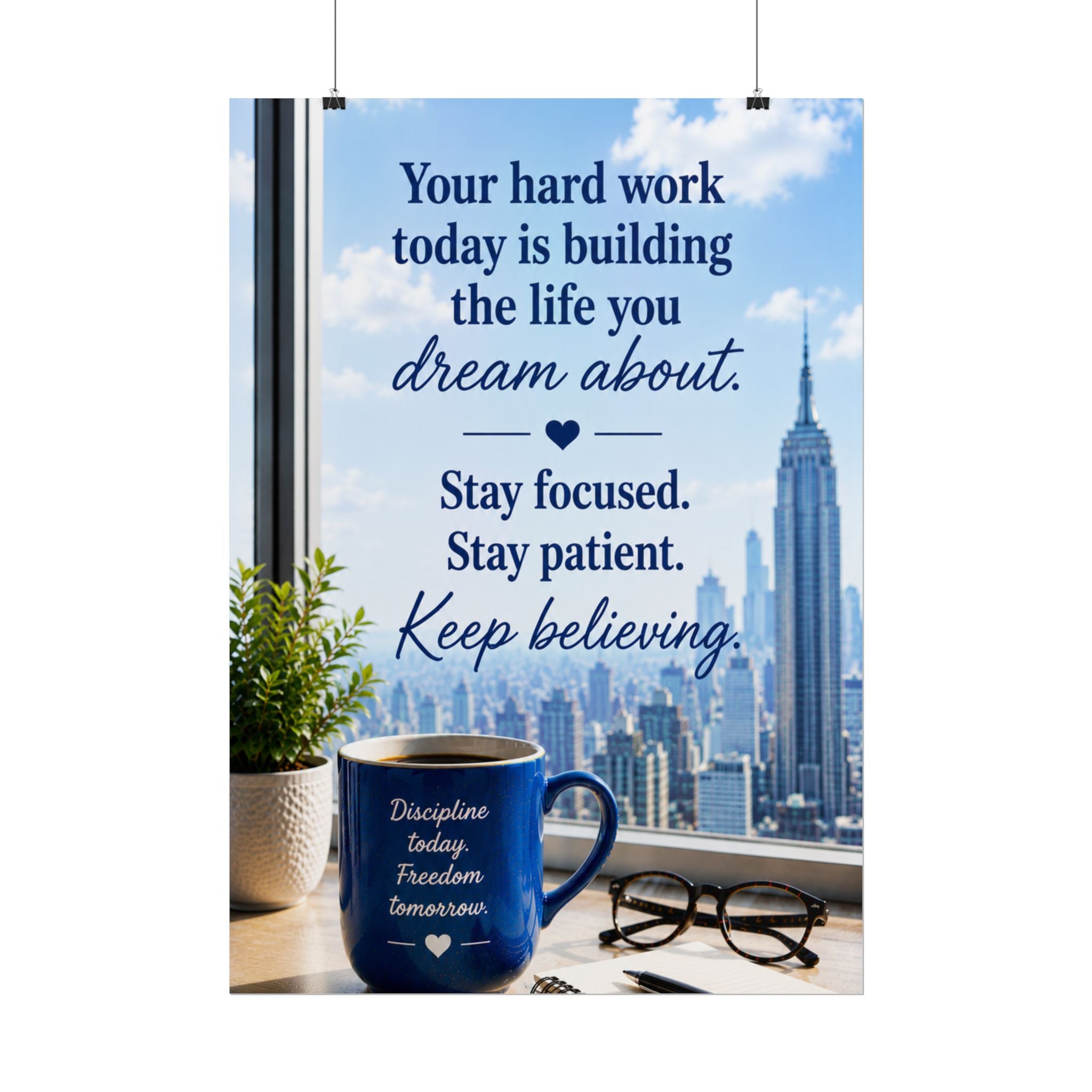 Motivational City View Poster – "Your hard work today is building the life you dream about"
