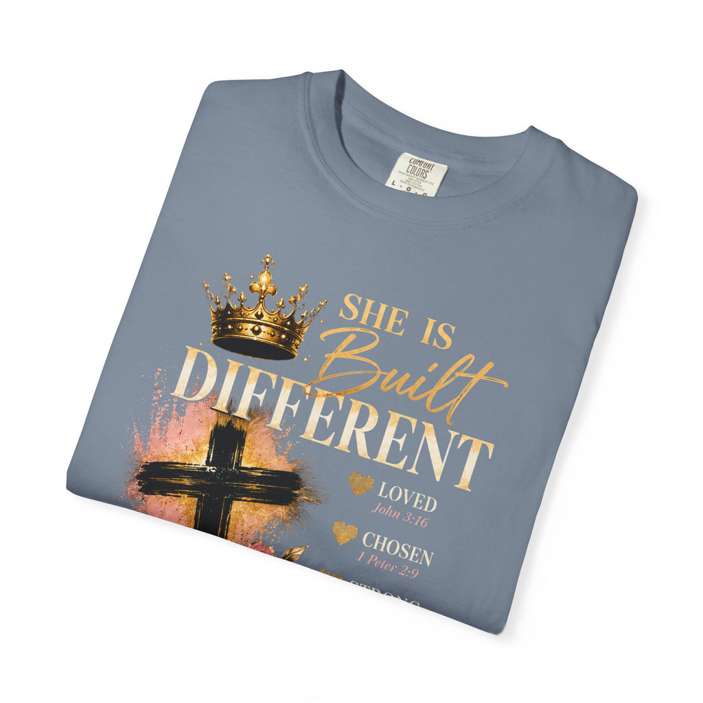 She Is Built Different Christian T-Shirt — Cross, Crown & Lily Faith Tee