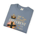 She Is Built Different Christian T-Shirt — Cross, Crown & Lily Faith Tee