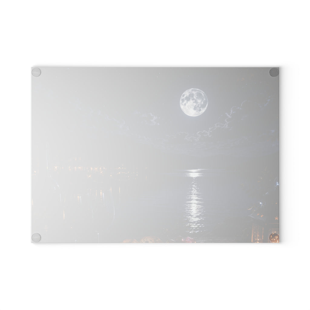 Moonlit Lakeside Glass Cutting Board — Scenic Nighttime Kitchen Board