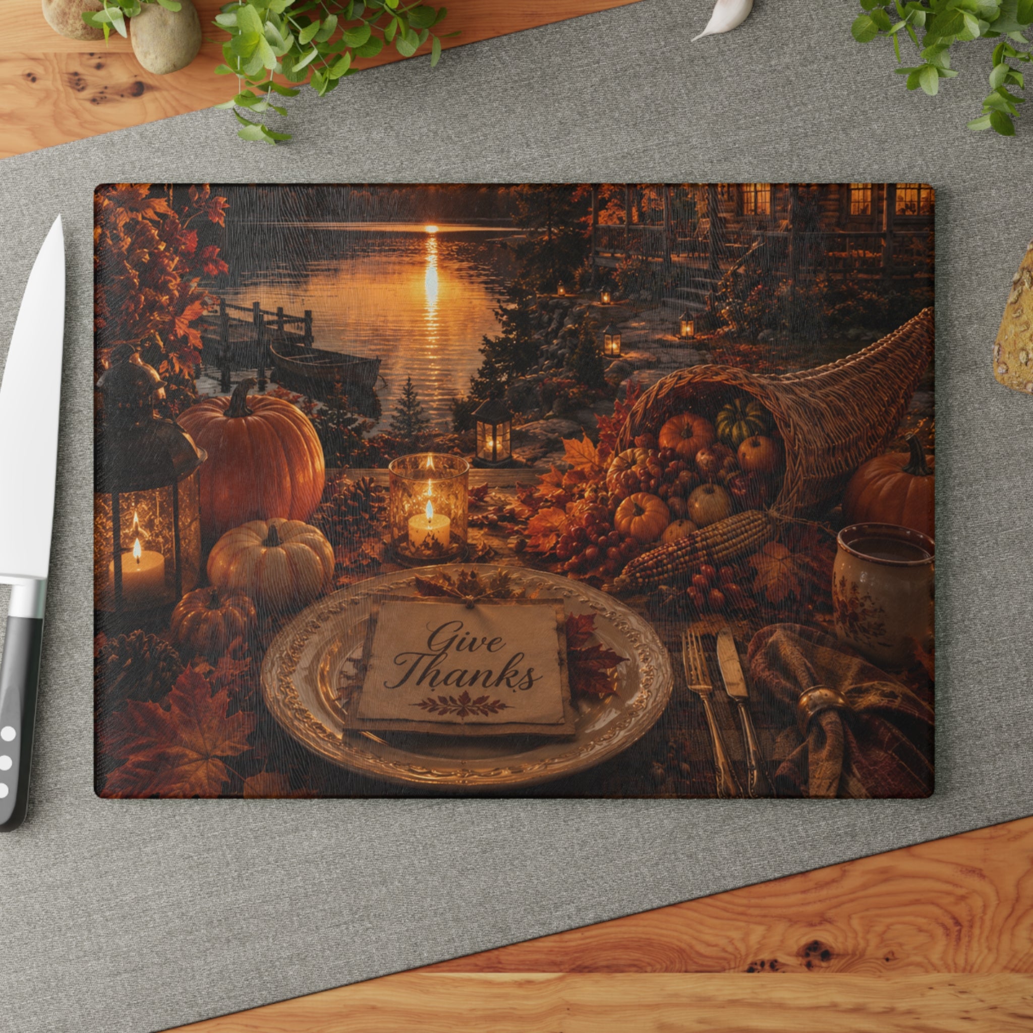 Glass Cutting Board — Autumn Harvest "Give Thanks" Thanksgiving Kitchen Decor