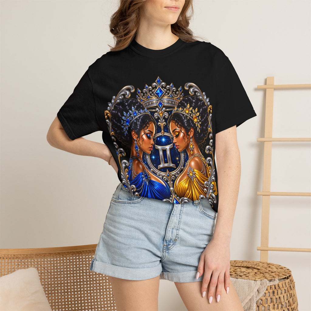 Gemini Zodiac Twin Queens T-Shirt — Elegant Blue & Gold Astrology Tee
