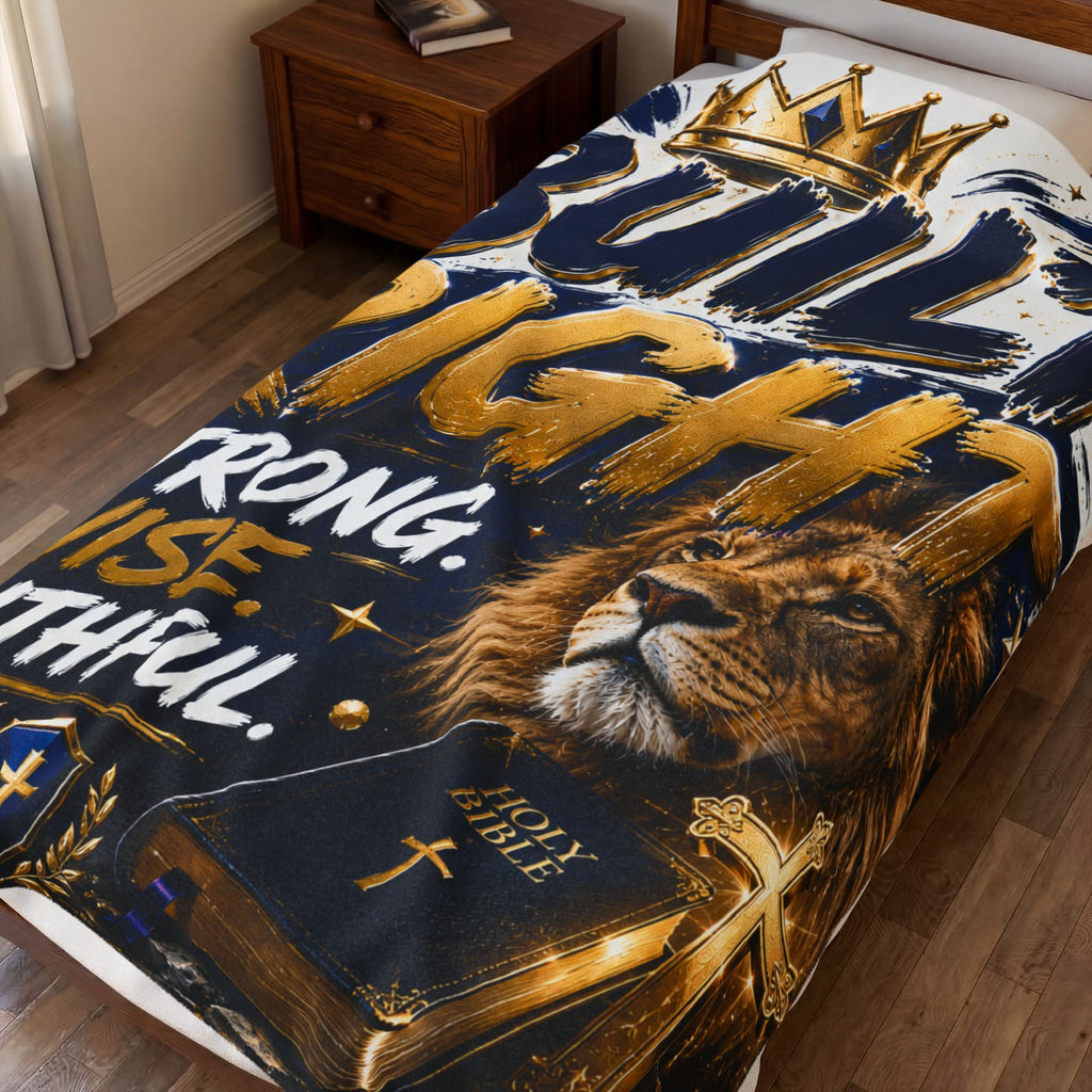 Built Right Velveteen Plush Blanket — Strong. Wise. Faithful. Lion & Bible Christian Throw