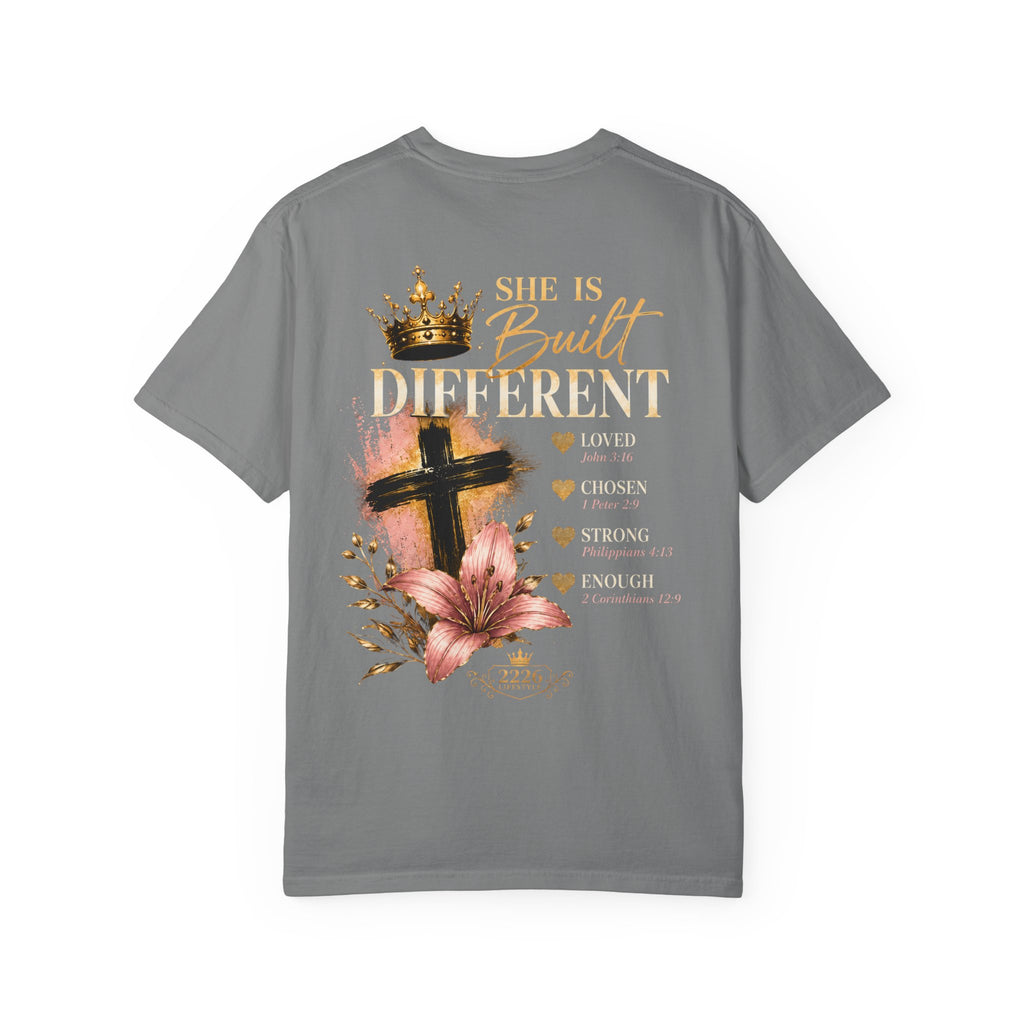 Built Right T-Shirt — Christian Faith Floral Cross Tee (She Is Built Different)