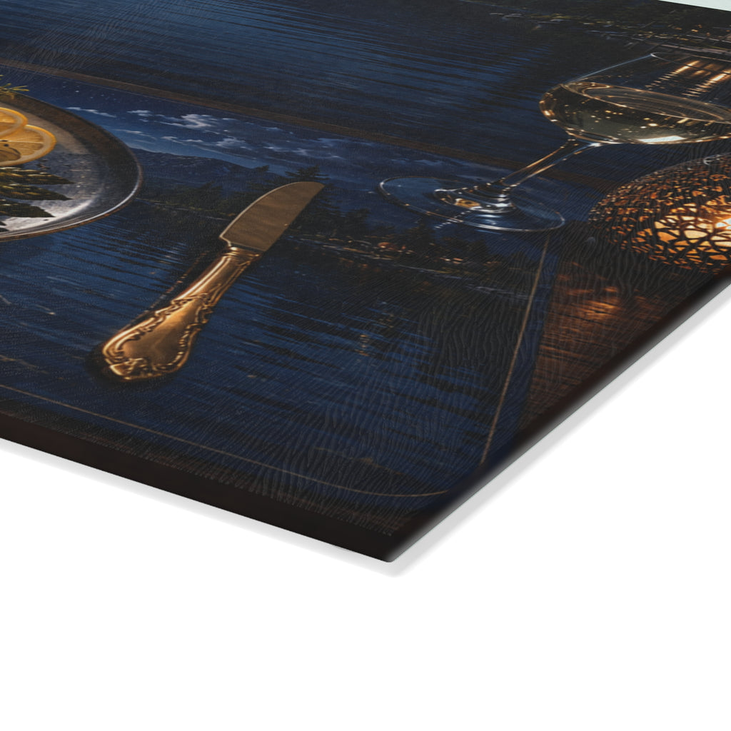 Moonlit Lakeside Dinner Scene Glass Cutting Board — Decorative Tempered Glass Prep & Serving Board