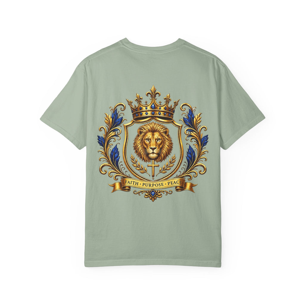 Lion Crest T-Shirt — Regal Crowned Lion with "Faith • Purpose • Peace" Back Graphic