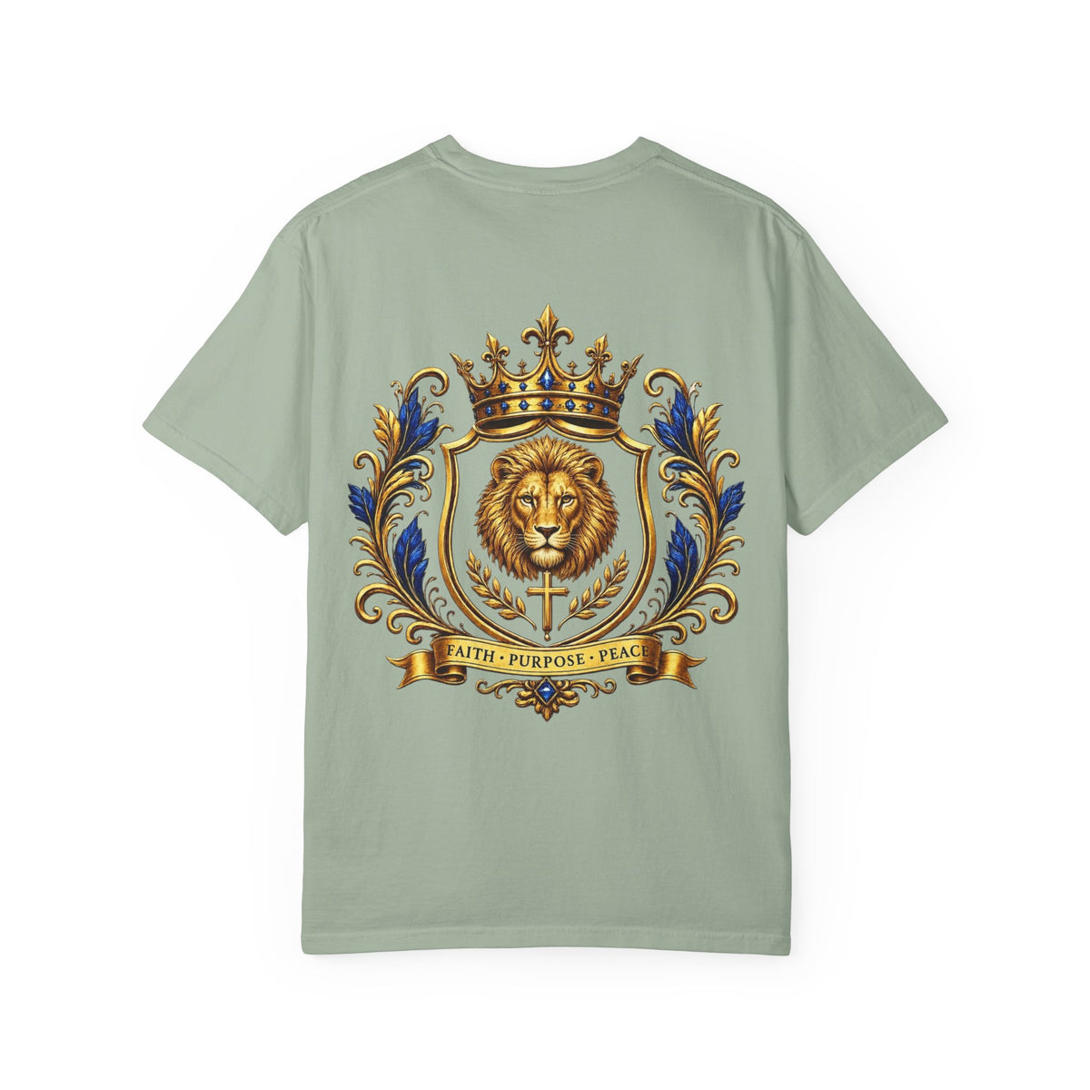 Lion Crest T-Shirt — Regal Crowned Lion with "Faith • Purpose • Peace" Back Graphic