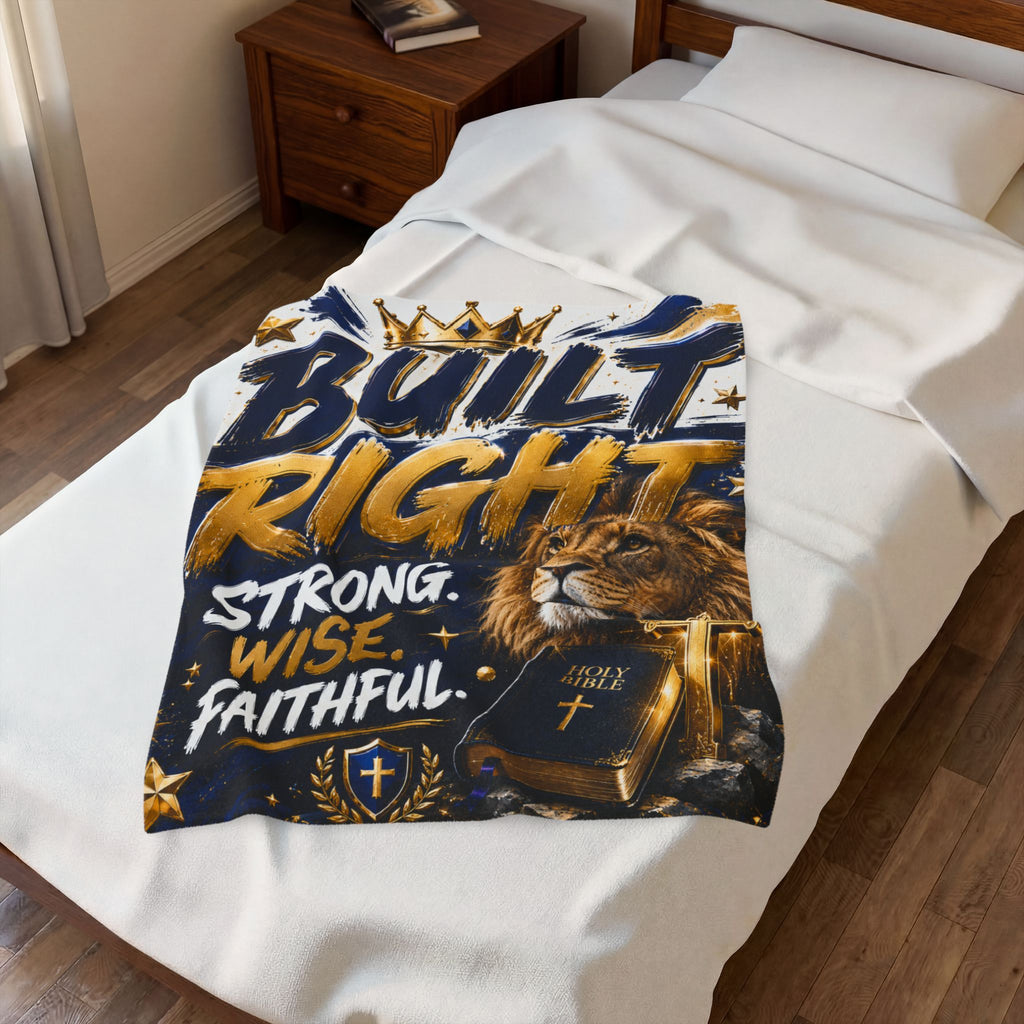 Built Right Velveteen Plush Blanket — Strong. Wise. Faithful. Lion & Bible Christian Throw