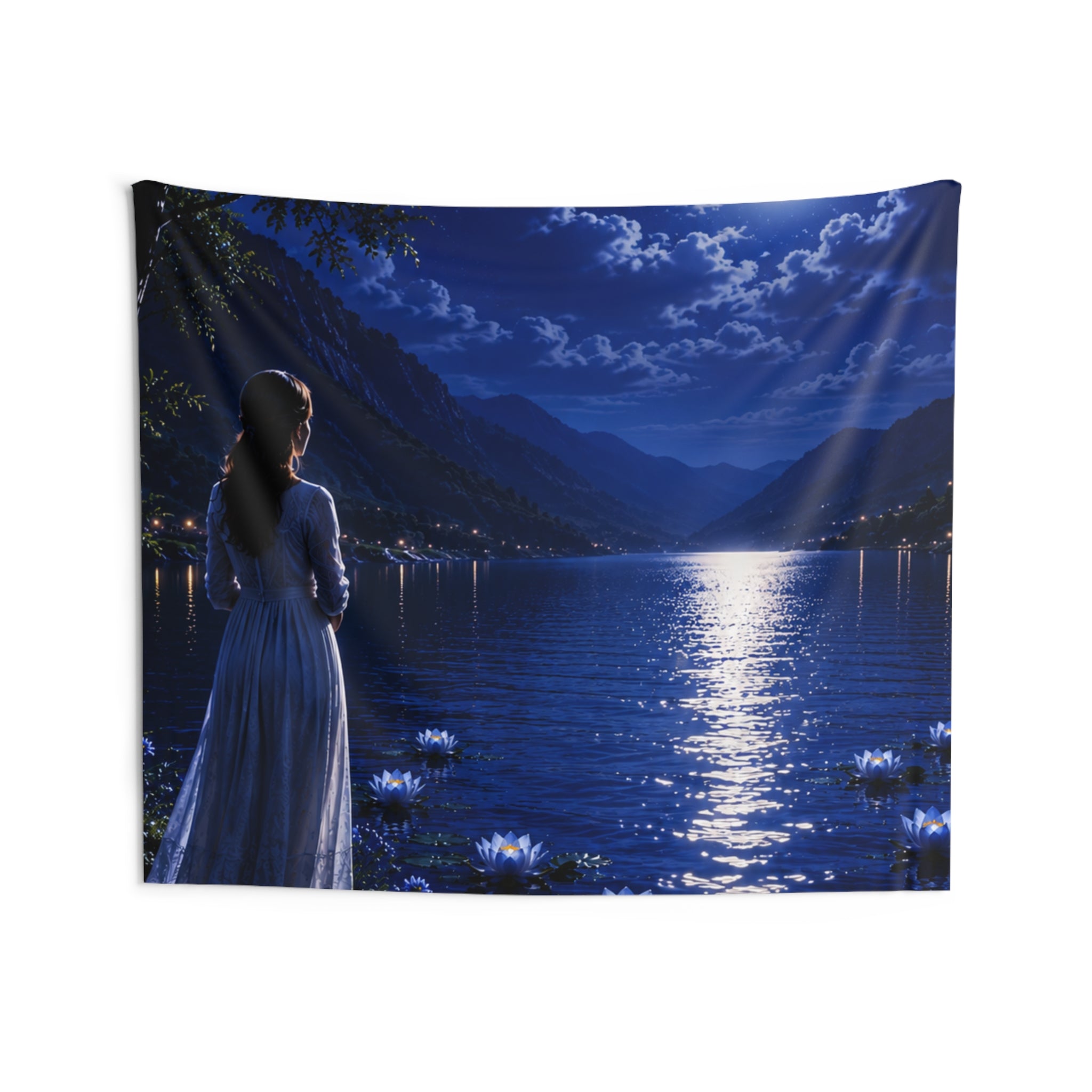 Moonlit Lake Tapestry — Woman Gazing at Full Moon Over Serene Water