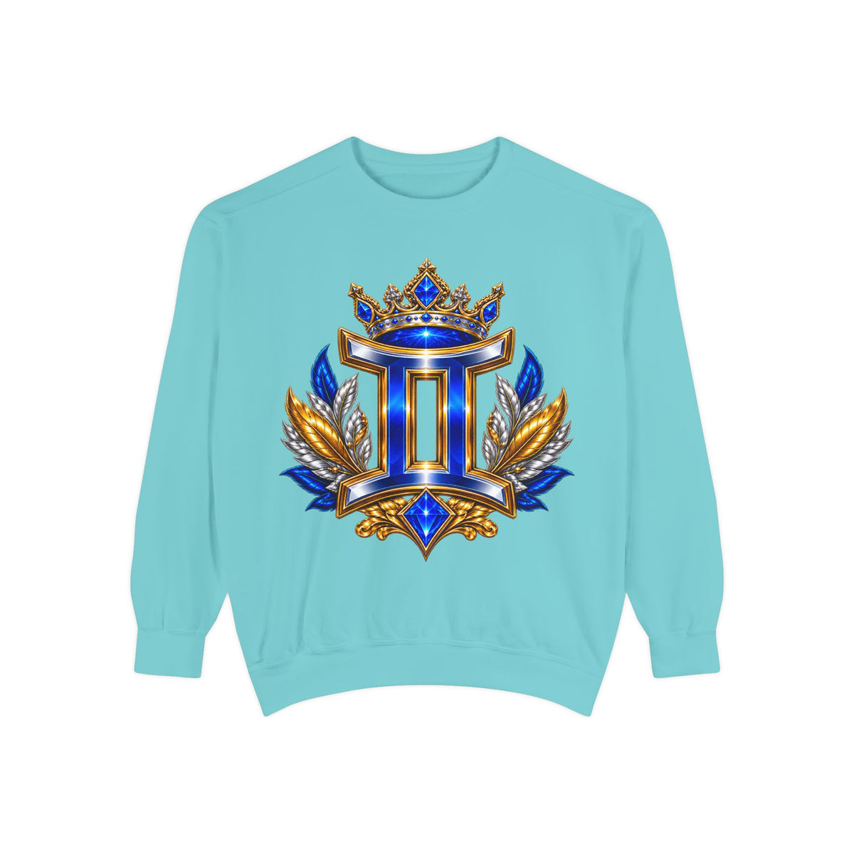 Gemini Zodiac Sweatshirt — Royal Blue & Gold Twin Symbol Crewneck