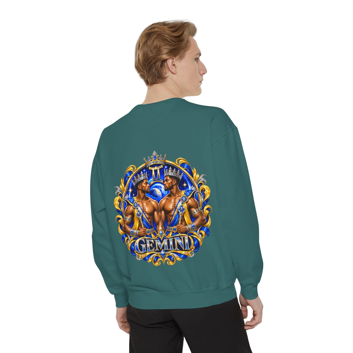 Gemini Zodiac Sweatshirt — Royal Blue & Gold Twin Symbol Crewneck