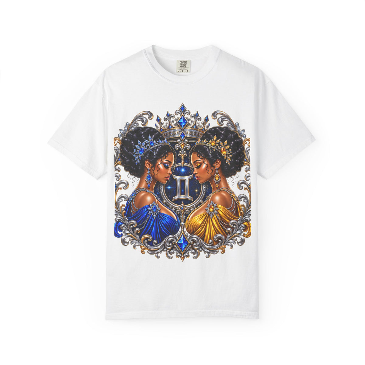 Gemini Zodiac Twin Queens T-Shirt — Elegant Blue & Gold Astrology Tee