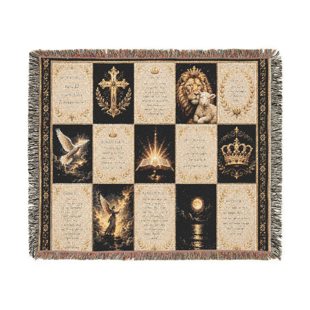 Religious Prayer Patchwork Woven Blanket – Inspirational Scripture & Faith Symbols Throw