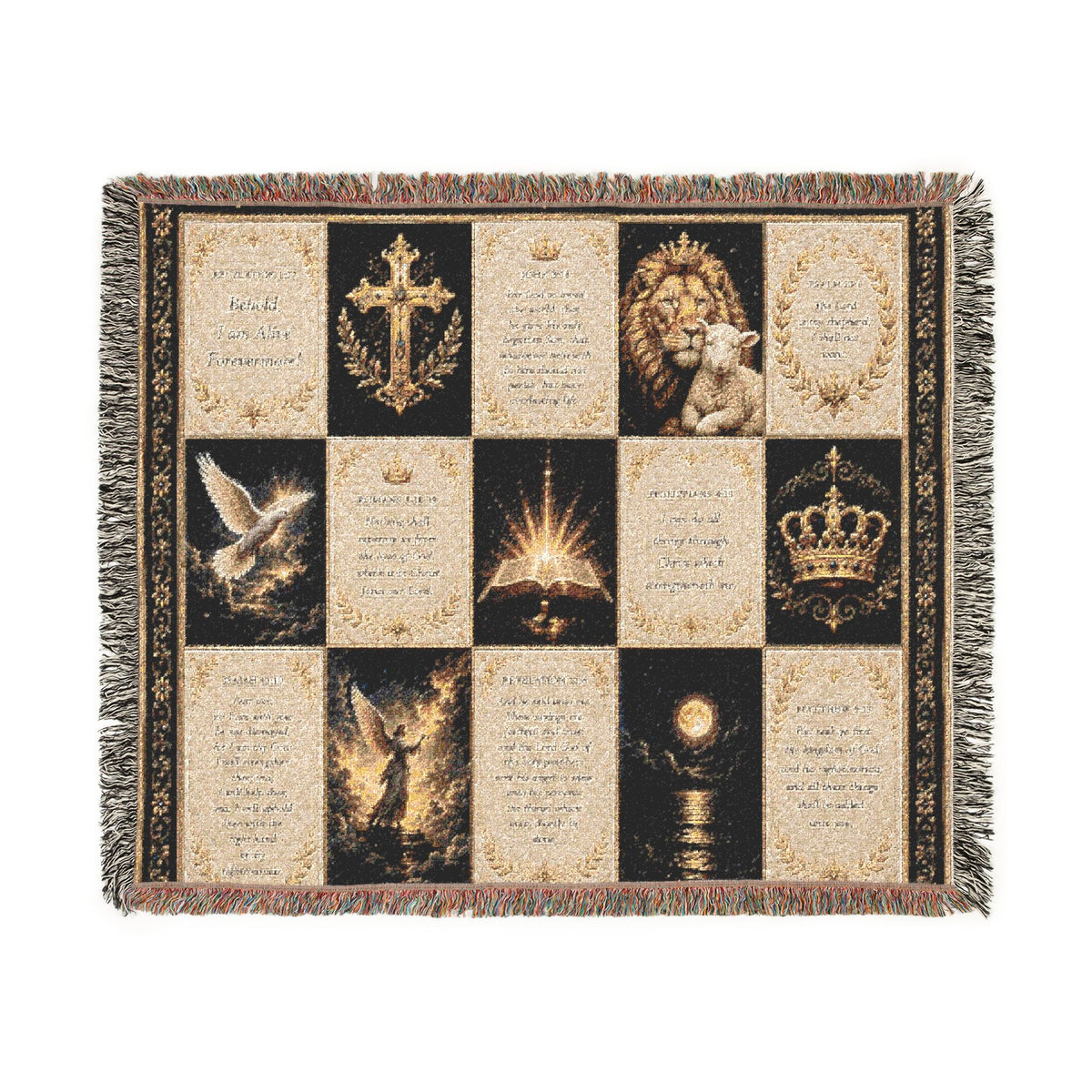 Religious Prayer Patchwork Woven Blanket – Inspirational Scripture & Faith Symbols Throw