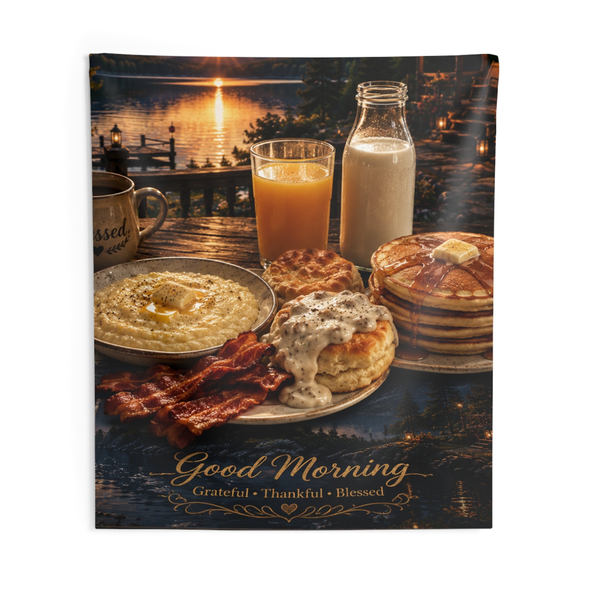 Good Morning Breakfast Tapestry — Rustic Lakeside Farmhouse Wall Decor