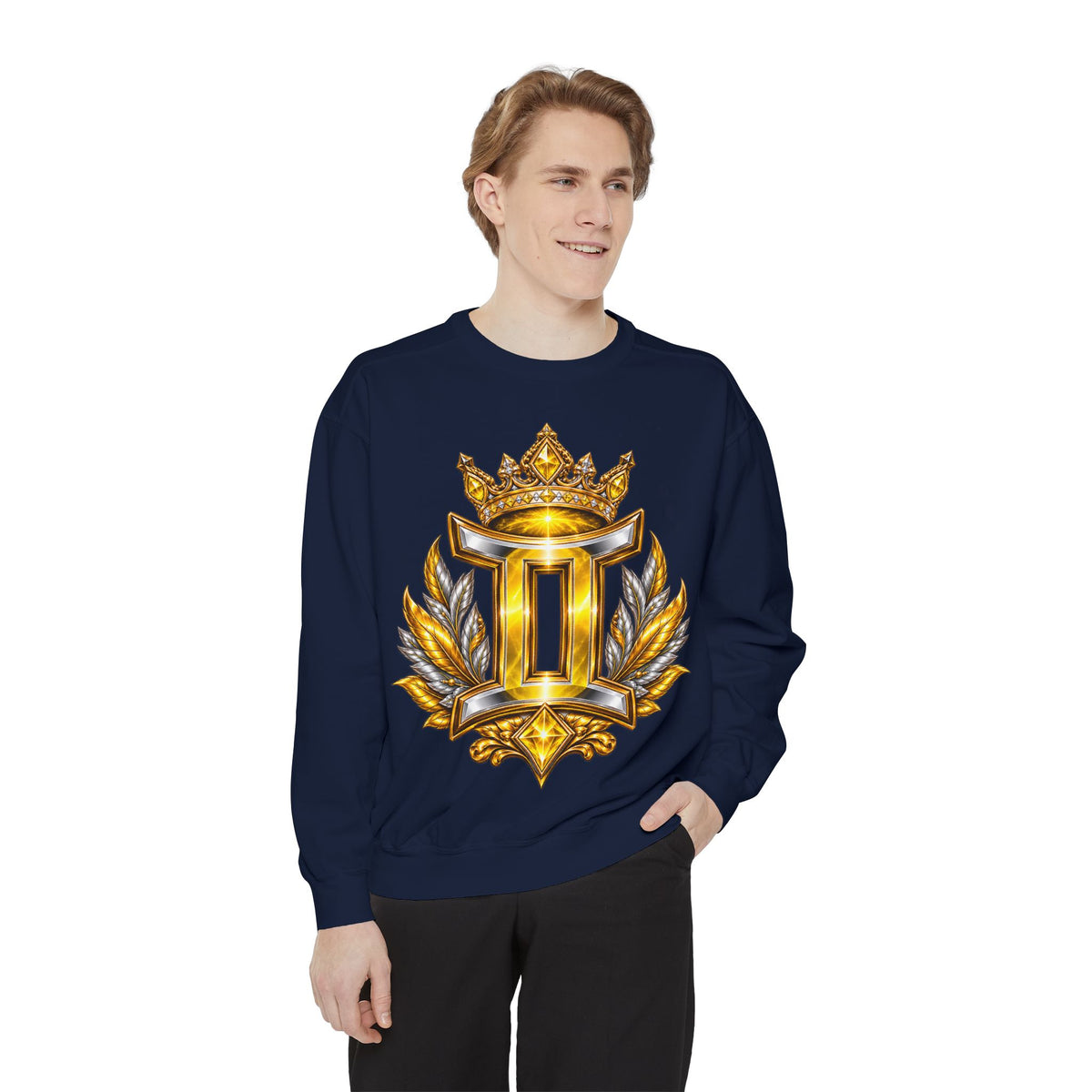 Gemini Zodiac Sweatshirt — Ornate Gold & Blue Gemini Crest