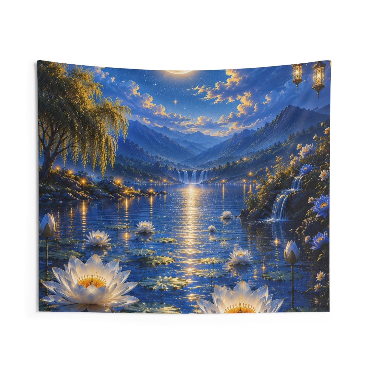 Moonlit Lotus Lake Tapestry - Serene Nighttime Wall Hanging