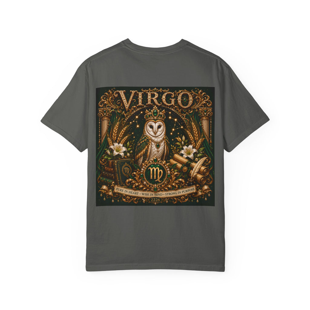 Virgo Zodiac T-Shirt — Elegant Virgo Goddess & Owl Horoscope Tee