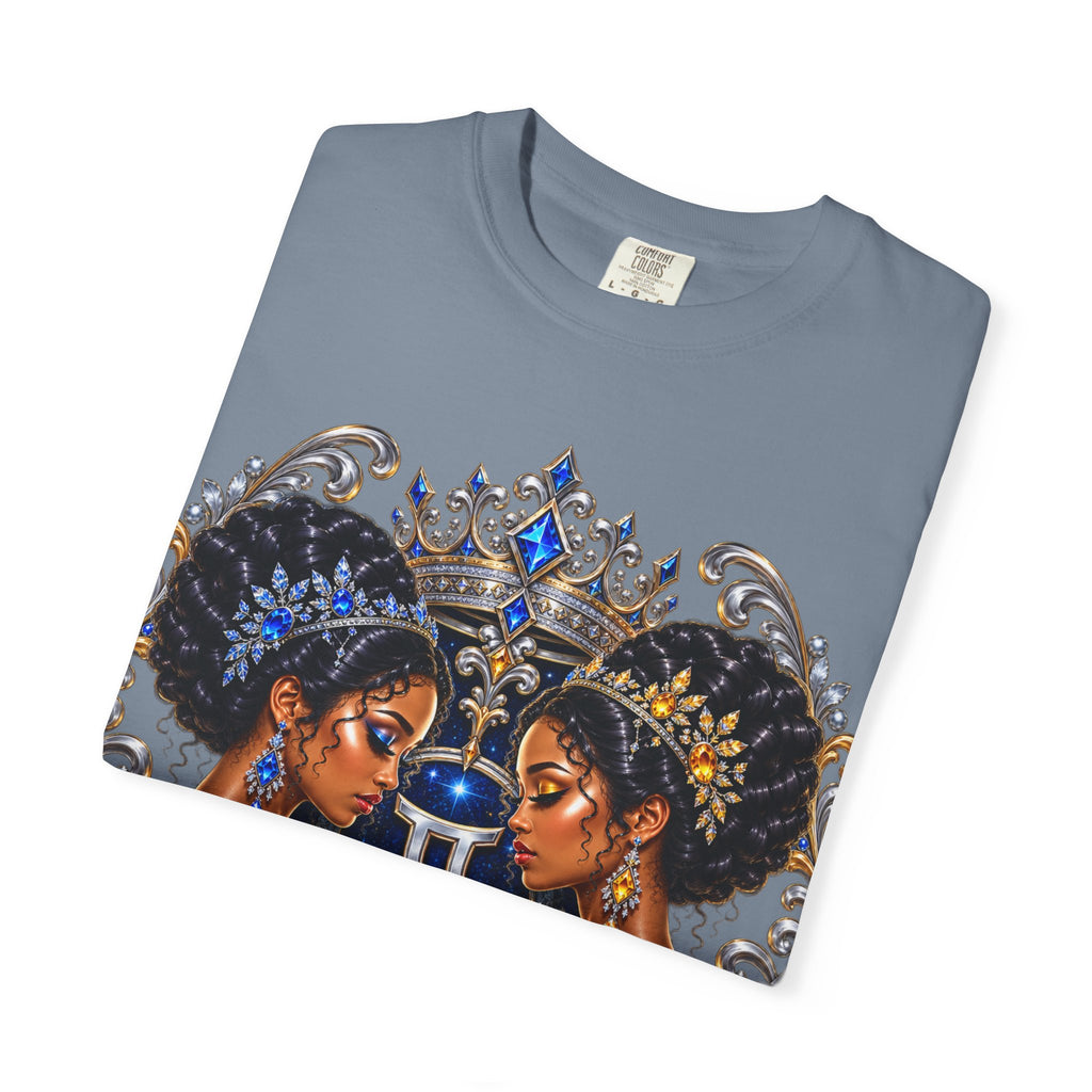 Gemini Zodiac Twin Queens T-Shirt — Elegant Blue & Gold Astrology Tee