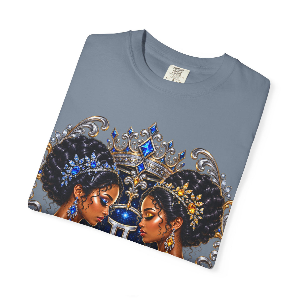 Gemini Zodiac Twin Queens T-Shirt — Elegant Blue & Gold Astrology Tee