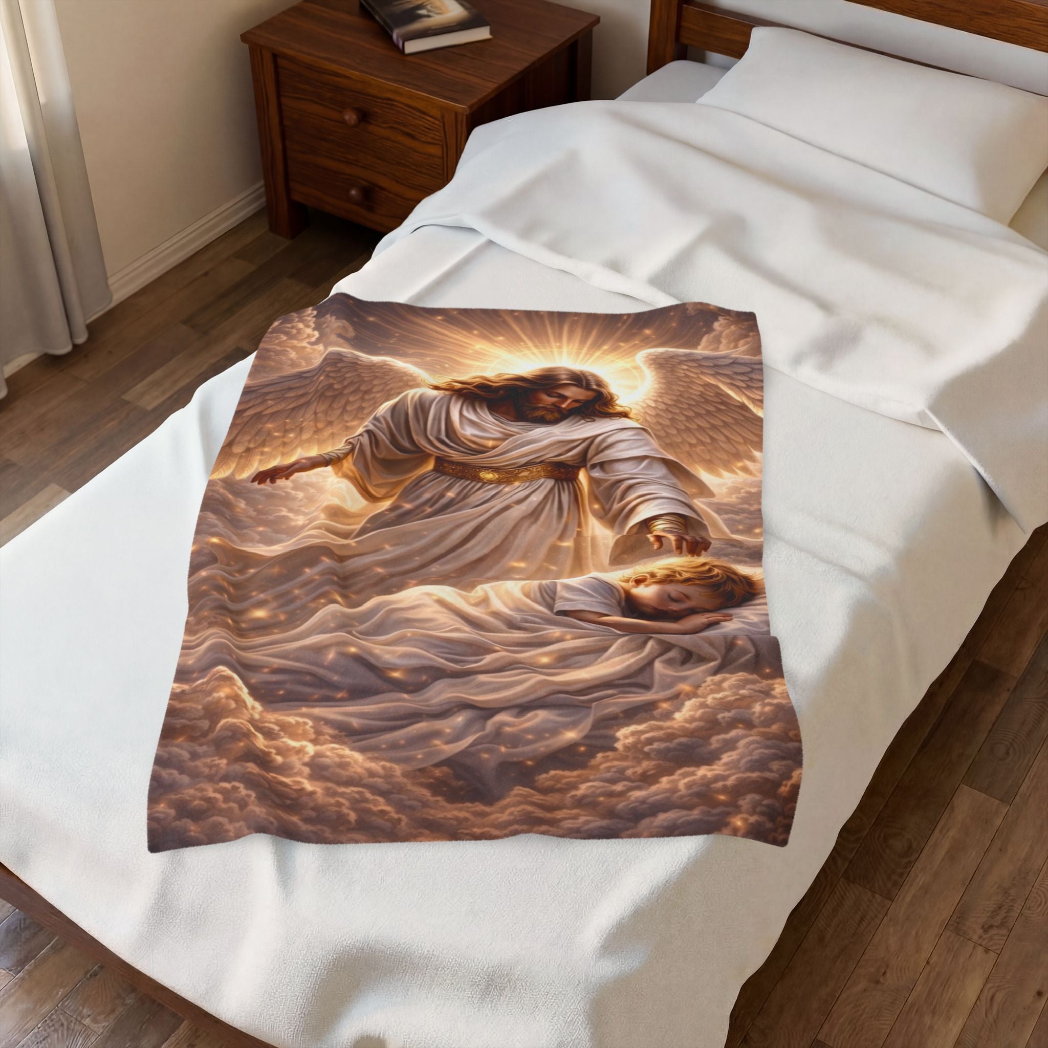 Angel Watching Over Sleeping Child Velveteen Plush Blanket — Religious Comfort Throw