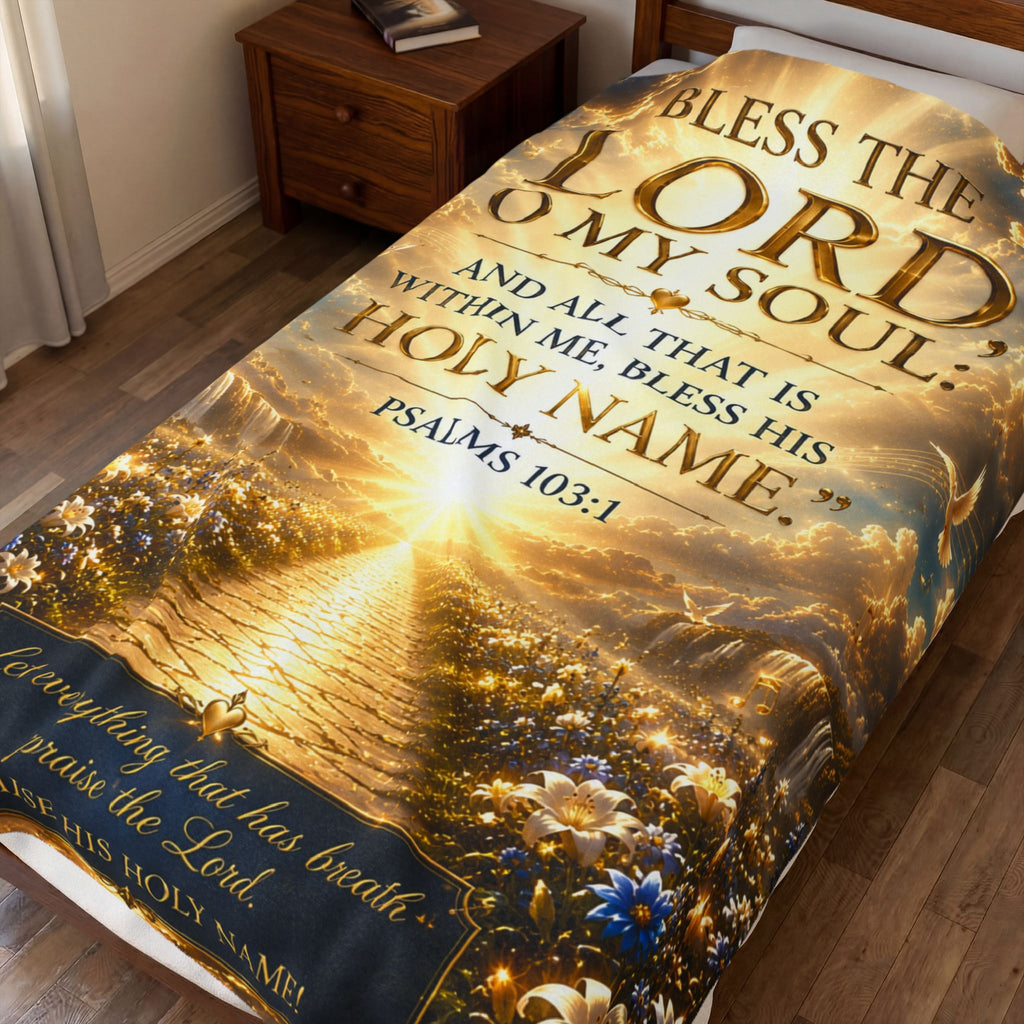 Velveteen Plush Blanket - "Bless the Lord, O My Soul" Psalm 103:1 Inspirational Christian Throw
