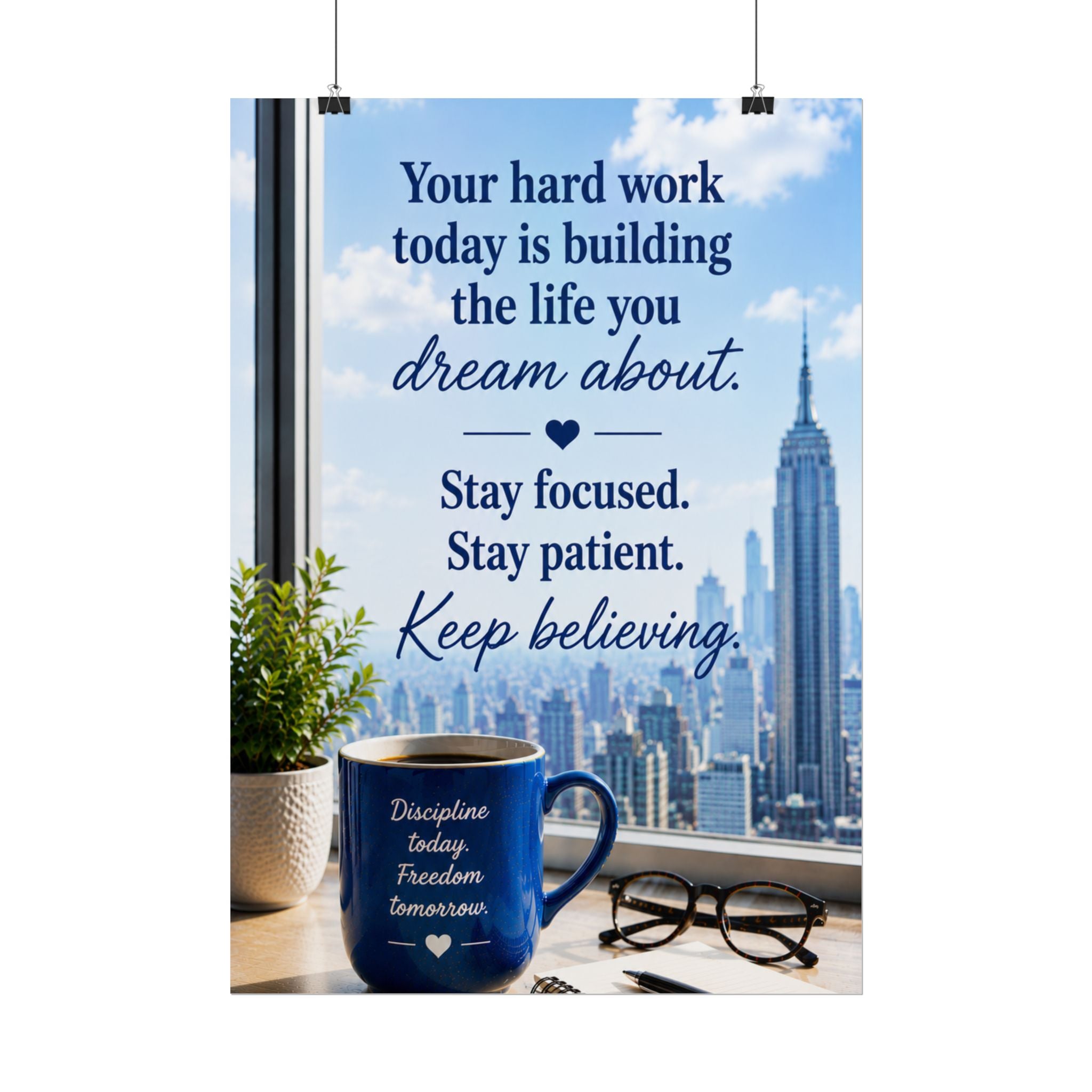 Motivational City View Poster – "Your hard work today is building the life you dream about"