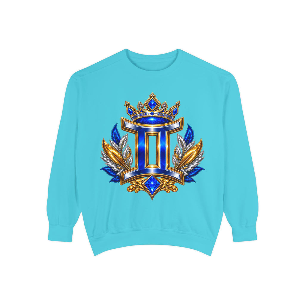 Gemini Zodiac Sweatshirt — Royal Blue & Gold Twin Symbol Crewneck