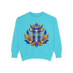 Gemini Zodiac Sweatshirt — Royal Blue & Gold Twin Symbol Crewneck